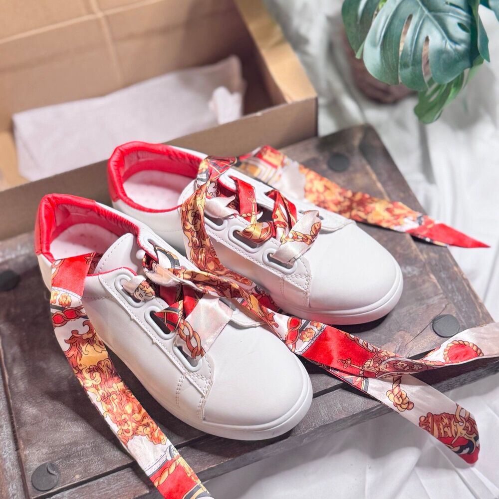 Red Ribbon Lace Sneakers Kids Size 4